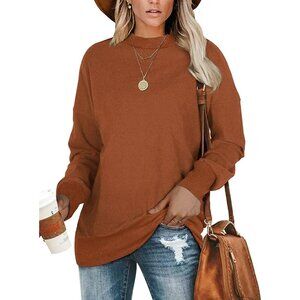 🆕 Women Brown Casual Long Sleeve Round Neck Shirts Tunic Tops Leggings Stylish